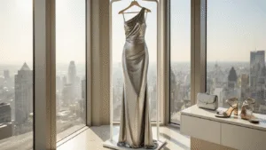 10 Ways to Rock a Metallic Sheath Dress A silver metallic sheath dress elegantly displayed in a sunlit luxury penthouse, accented by pearl accessories and a marble vanity.