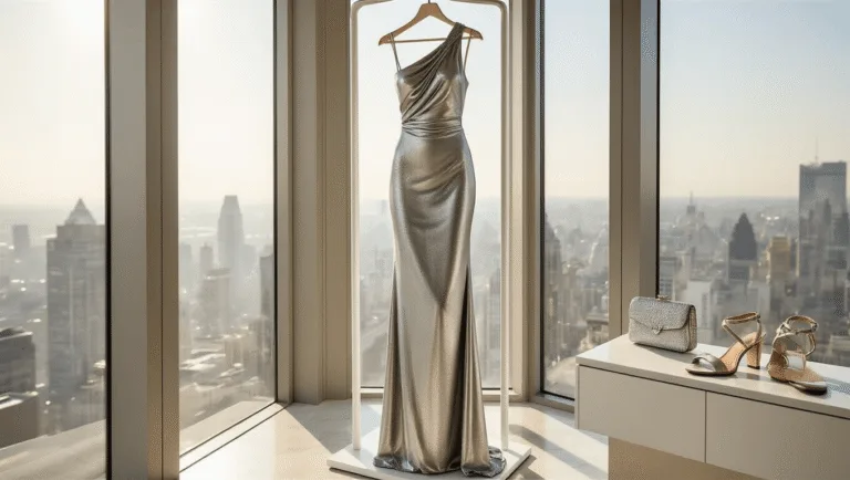 10 Ways to Rock a Metallic Sheath Dress A silver metallic sheath dress elegantly displayed in a sunlit luxury penthouse, accented by pearl accessories and a marble vanity.