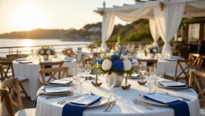 Sailboat Birthday Party: The Ultimate Nautical Celebration Guide Cinematic view of an upscale nautical-themed terrace party setup, featuring elegant round tables with white linens, navy blue runners, floral centerpieces in silver anchor vases, vintage maritime decor, and soft golden hour lighting.