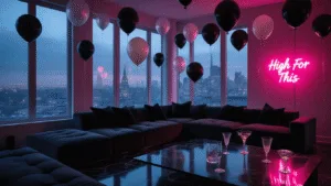 House of Balloons: A Comprehensive Guide to Dark, Moody Event Styling Inspired by The Weeknd A moody urban loft at twilight filled with matte black and pearlescent white balloons, featuring floor-to-ceiling windows showcasing a cityscape, a charcoal velvet sectional, crystal champagne coupes, and a pink neon sign reading "High for This," all under atmospheric lighting and shadows.