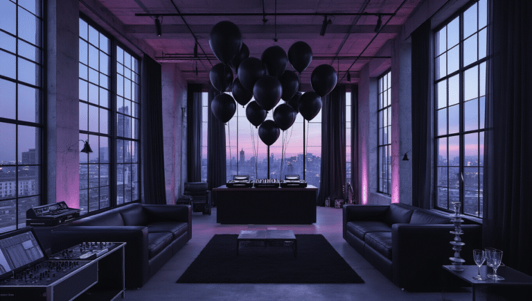 Decoding the "House of Balloons" Aesthetic: A Deep Dive into Urban Melancholy Hyperrealistic image of a moody urban loft at twilight featuring floor-to-ceiling windows, matte black balloons, minimalist black and white décor with neon accents, a vintage DJ booth, low leather couches, a photography exhibition, sheer black curtains, and warm industrial lighting, showcasing vivid contrasts in texture and dramatic shadows.