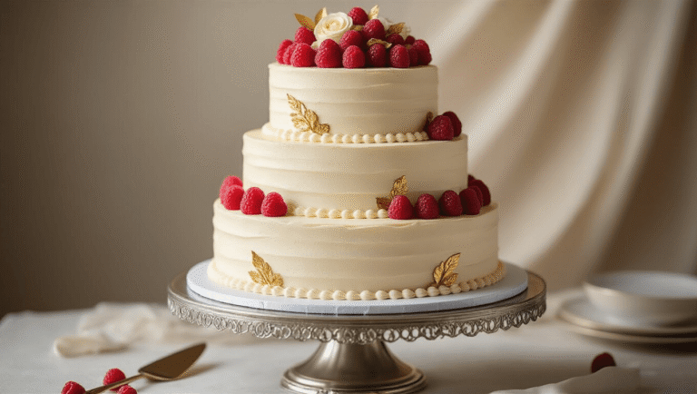 Nutella Swirl Wedding Cake: A Decadent Celebration of Flavor Elegant three-tiered wedding cake with Nutella and vanilla marble swirls, adorned with ivory buttercream, gold leaf, and fresh raspberries, displayed on a silver stand in a softly blurred luxury venue setting.