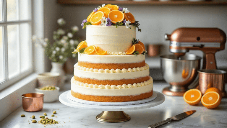Orange Blossom Wedding Cake: An Elegant Citrus-Floral Celebration Dessert Elegant three-tiered wedding cake on a marble countertop, decorated with white buttercream, fresh orange slices, and edible flowers, surrounded by kitchen elements and fresh oranges, captured in soft natural lighting with a soft bokeh effect.