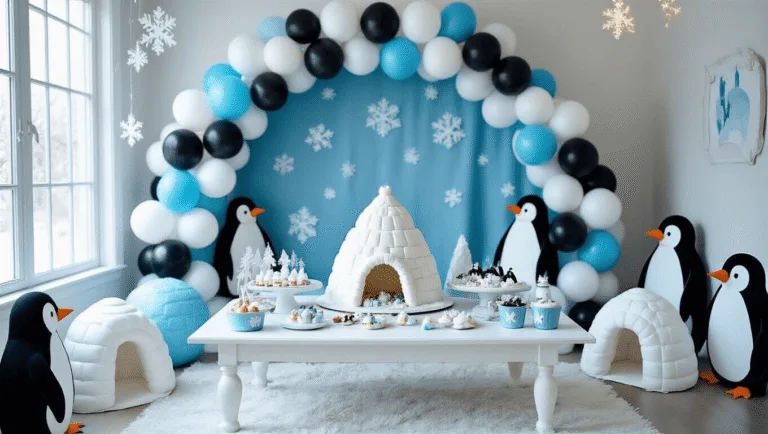 Penguin Birthday Party: A Whimsical Wonderland of Icy Fun! A whimsical living room transformed into an Antarctic wonderland for a penguin-themed winter birthday party, featuring an igloo cake, DIY milk carton igloos, black and white balloon arch, and penguin cutouts, illuminated by soft natural daylight and decorated with snowflakes and fairy lights.