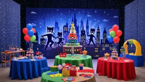 How to Create the Ultimate PJ Masks Birthday Party: A Hero-Powered Celebration Guide Vibrant indoor PJ Masks birthday party setup with a cityscape backdrop, round tables in blue, red, and green, a grand dessert table featuring a superhero cake, and interactive craft and training stations, all illuminated by soft lighting and decorative string lights, captured in high detail.