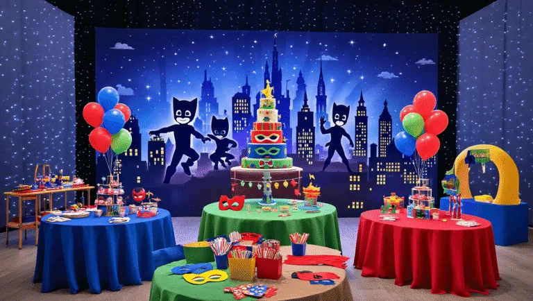 How to Create the Ultimate PJ Masks Birthday Party: A Hero-Powered Celebration Guide Vibrant indoor PJ Masks birthday party setup with a cityscape backdrop, round tables in blue, red, and green, a grand dessert table featuring a superhero cake, and interactive craft and training stations, all illuminated by soft lighting and decorative string lights, captured in high detail.