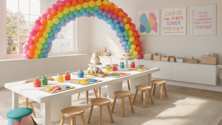 Playdough Birthday Party: The Ultimate Creative Celebration for Kids Photorealistic interior of a sunlit playroom with a long white table set up for playdough activities, featuring a rainbow balloon arch, wooden stools, vibrant playdough in mason jars, and a tiered birthday cake with whimsical decorations, all bathed in warm afternoon light.