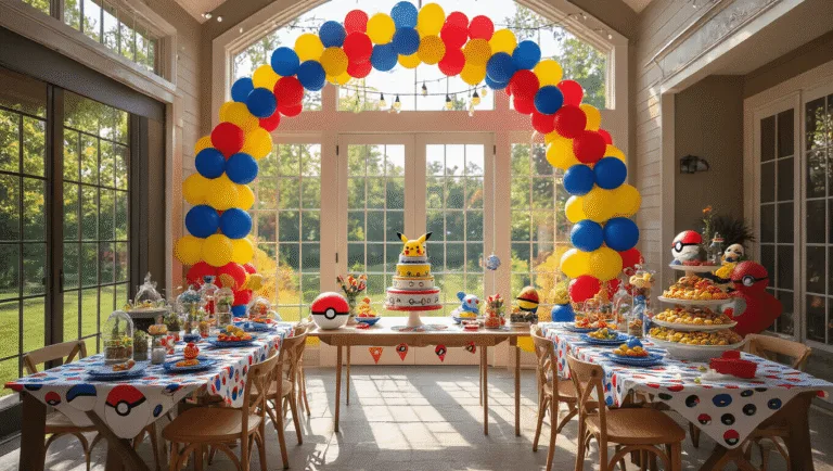 Epic Pokémon Birthday Party: Your Ultimate Guide to Creating a Legendary Celebration A vibrant indoor-outdoor Pokemon party setup with a grand balloon arch, Pokeball-patterned tables, terrarium centerpieces, a dessert station featuring a tiered Pokemon cake, and colorful game and photo booth areas, all illuminated by fairy lights and natural sunlight.