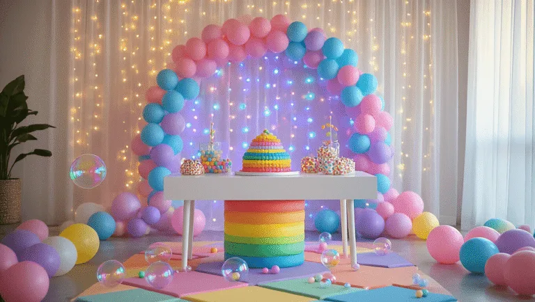 Pop It Birthday Party: The Ultimate Sensory Celebration Guide A vibrant indoor-outdoor birthday party setup featuring a modern white table with a rainbow gradient Pop It cake, surrounded by colorful silicone toys, an LED bubble wall backdrop, and iridescent balloon arch, all bathed in golden hour lighting.