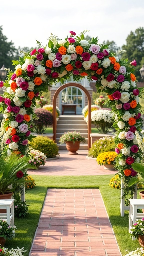 50 Stunning Wedding Decor Ideas to Transform Your Big Day A floral archway decorated with colorful flowers leading to a wedding ceremony path.