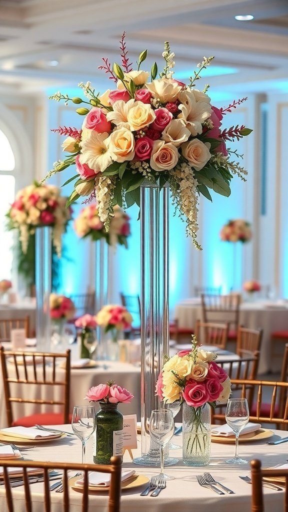 50 Stunning Wedding Decor Ideas to Transform Your Big Day Elegant wedding table centerpieces with tall floral arrangements and smaller bouquets.
