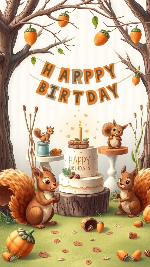10 Unique Birthday Party Ideas to Celebrate in Style A whimsical squirrel birthday party scene with a cake and decorations.