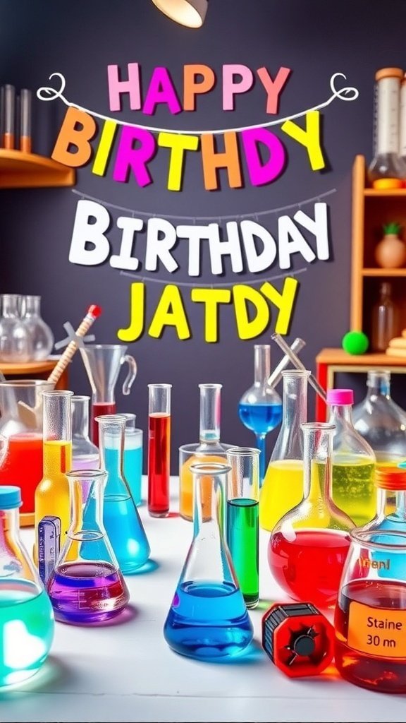 10 Unique Birthday Party Ideas to Celebrate in Style Colorful science birthday party setup with beakers and a birthday banner