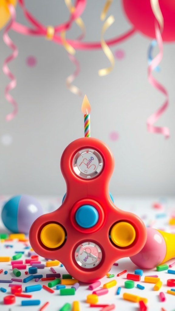 10 Unique Birthday Party Ideas to Celebrate in Style A colorful Pop It birthday cake with a candle, surrounded by confetti and balloons.