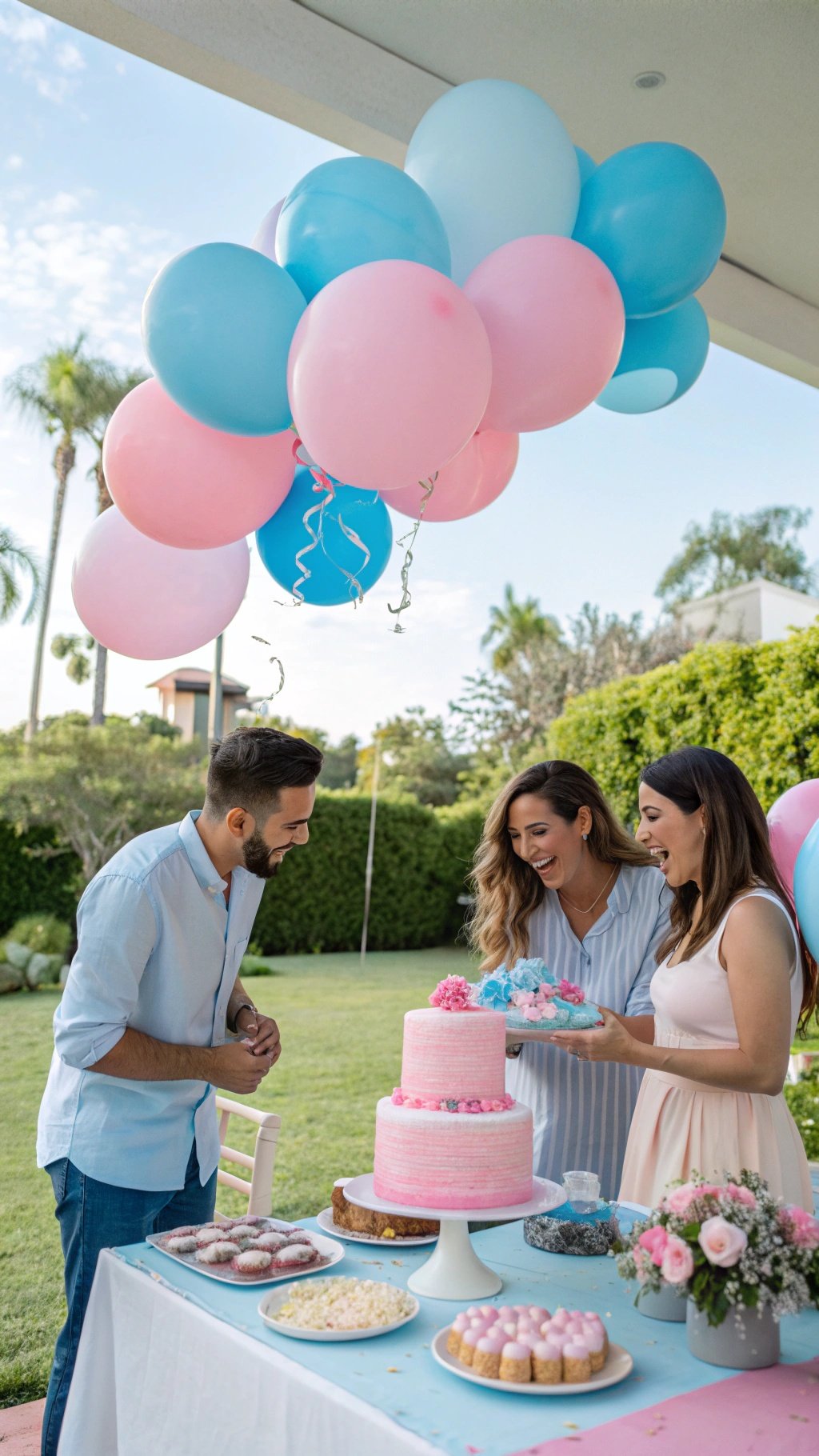 4 Creative Gender Reveal Recipes and Ideas You’ll Love A joyful gender reveal party with pink and blue balloons, a beautiful cake, and smiling friends. Creative Gender Reveal