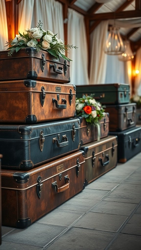 50 Stunning Wedding Decor Ideas to Transform Your Big Day A stack of vintage suitcases decorated with flowers, set in a warm, inviting wedding venue.