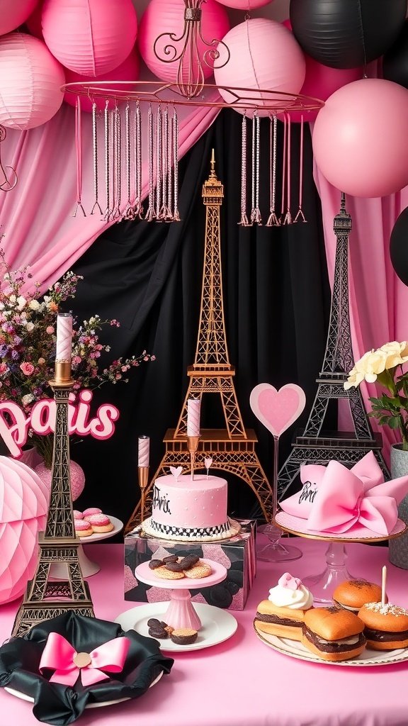 10 Unique Birthday Party Ideas to Celebrate in Style A beautifully decorated Paris-themed birthday party with pink and black colors, featuring Eiffel Tower centerpieces and a delicious cake.
