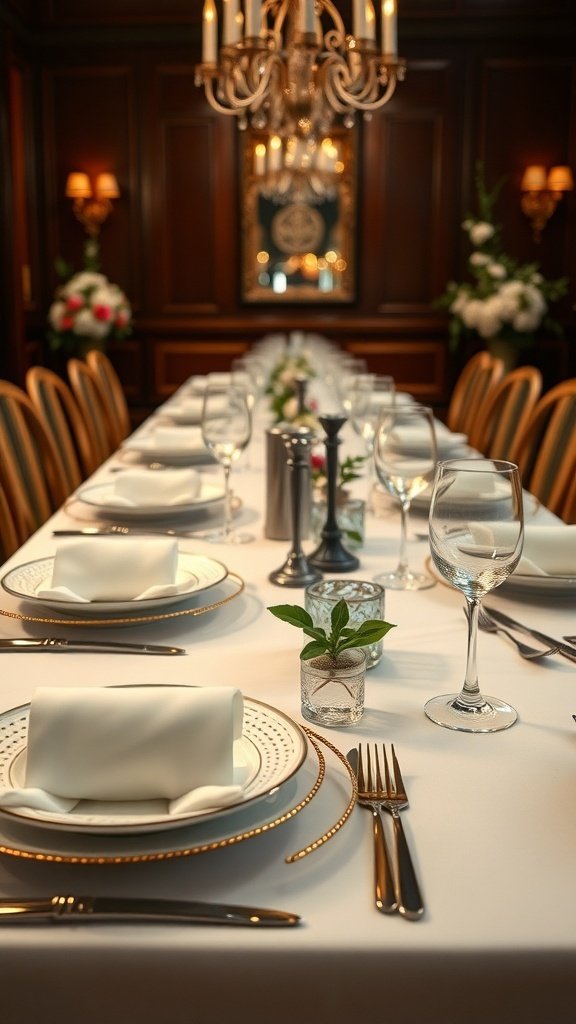 50 Stunning Wedding Decor Ideas to Transform Your Big Day Elegant wedding table setting with white tablecloth, gold-rimmed plates, and greenery in small vases.