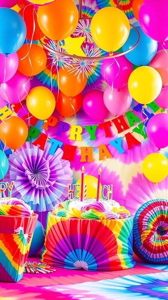 10 Unique Birthday Party Ideas to Celebrate in Style Colorful tie dye birthday party decorations with balloons and a cake. unique birthday party ideas