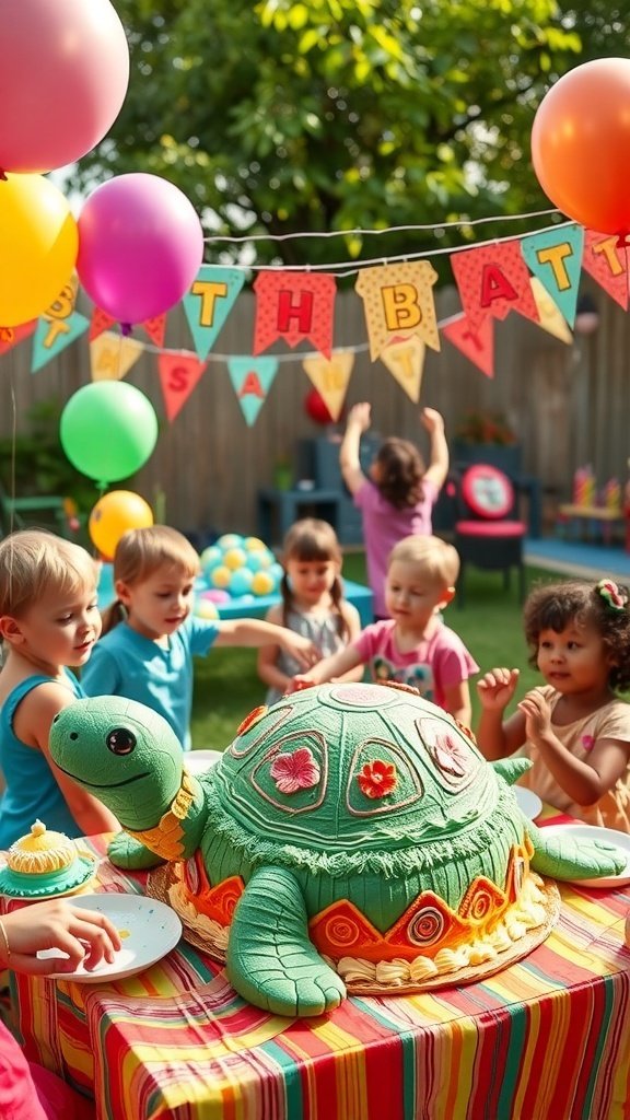 9 Creative Birthday Party Ideas for Unforgettable Celebrations Children celebrating a turtle-themed birthday party with a turtle cake and colorful decorations.