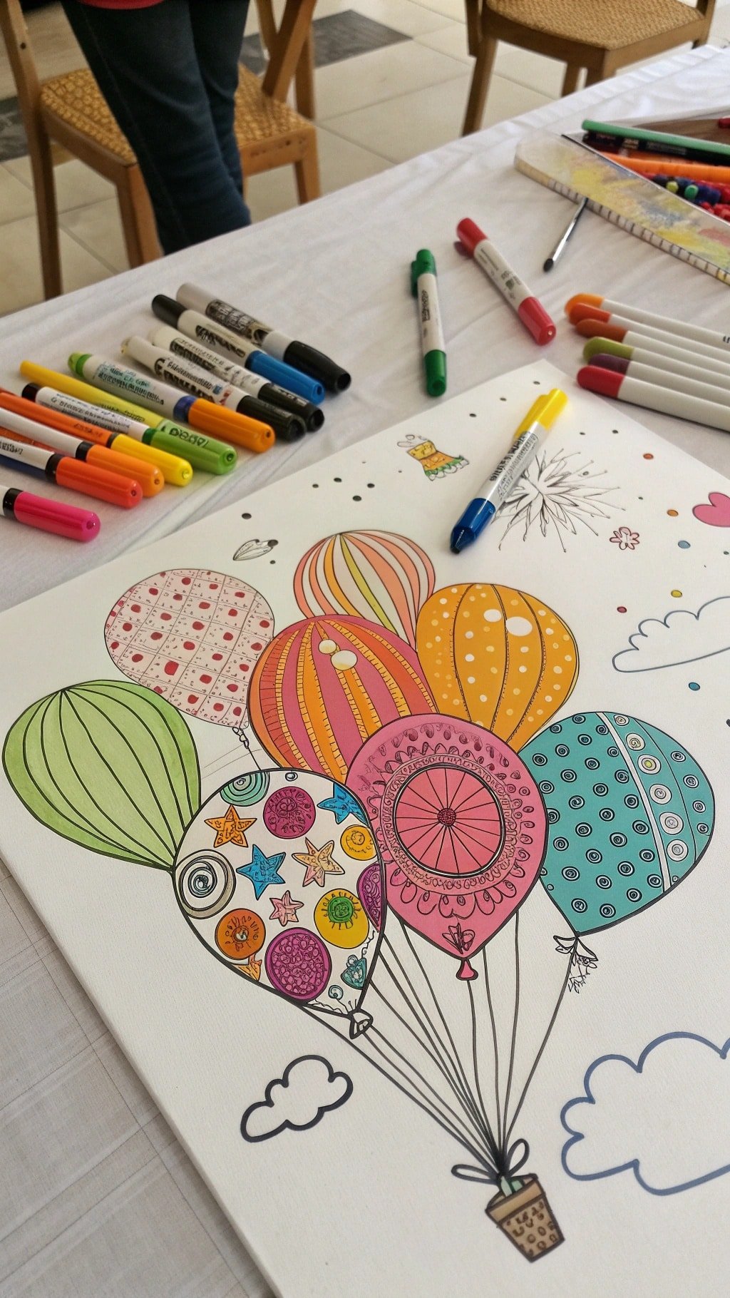 9 Creative Balloon Decoration Ideas for Any Celebration A colorful drawing of balloons with various patterns and designs, surrounded by clouds.