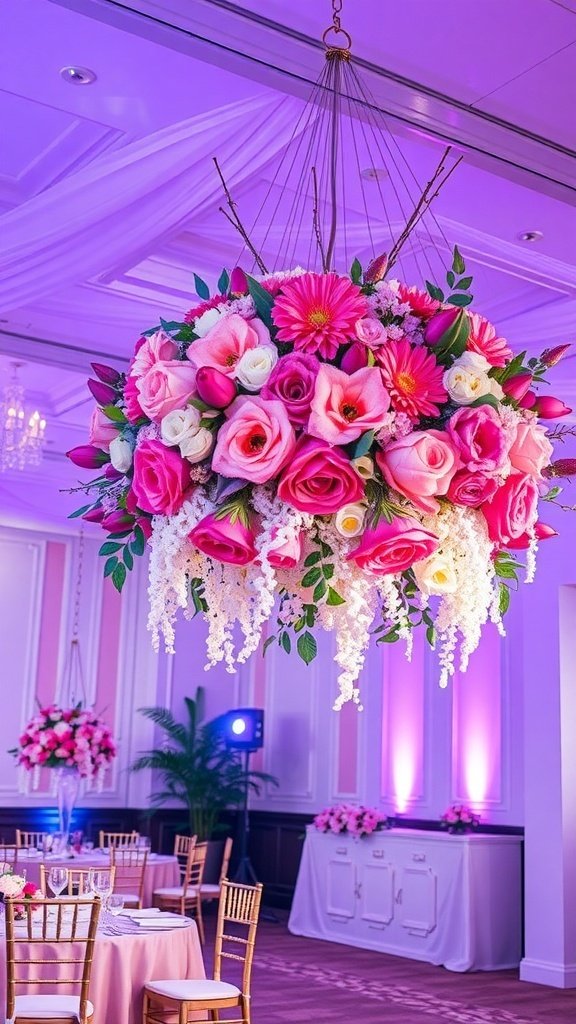 50 Stunning Wedding Decor Ideas to Transform Your Big Day A stunning hanging floral installation featuring pink roses, gerberas, and cascading orchids in a wedding venue.