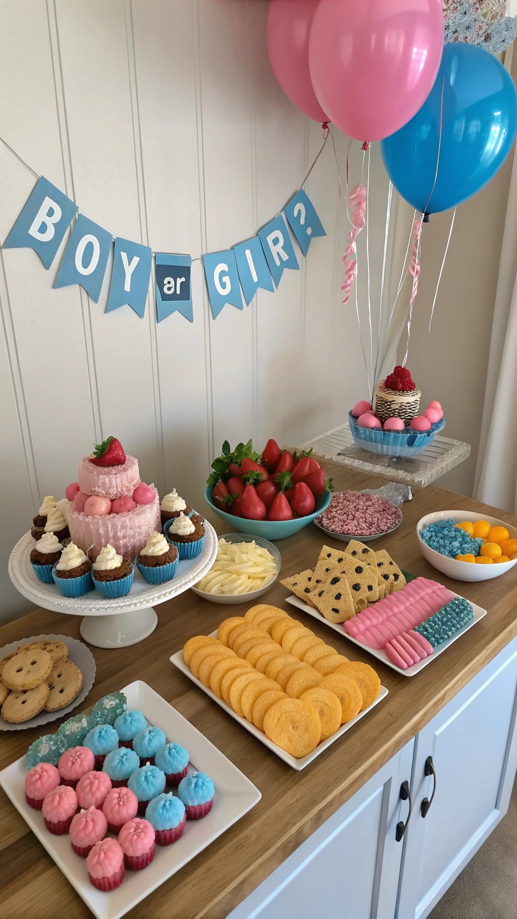 4 Creative Gender Reveal Recipes and Ideas You’ll Love A colorful gender reveal snack table with pink and blue treats, including a cake, cupcakes, and candies.