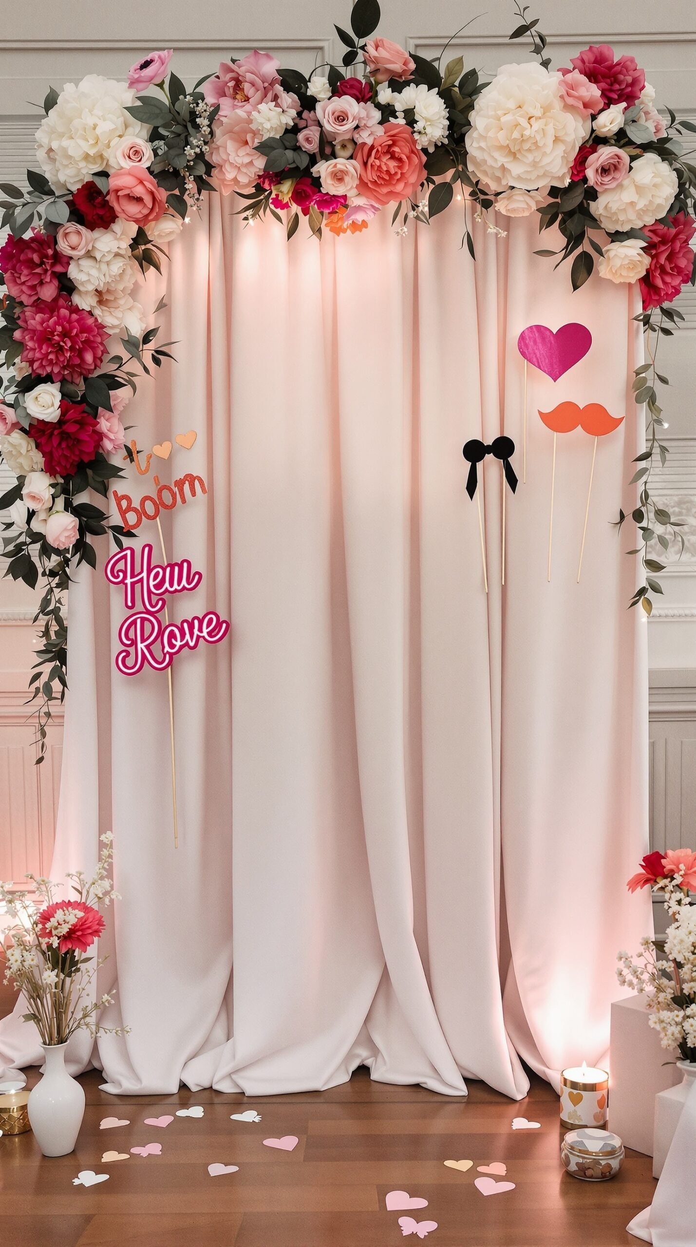 50 Stunning Wedding Decor Ideas to Transform Your Big Day A photo booth backdrop with floral decorations and a playful sign, featuring three guests holding props.
