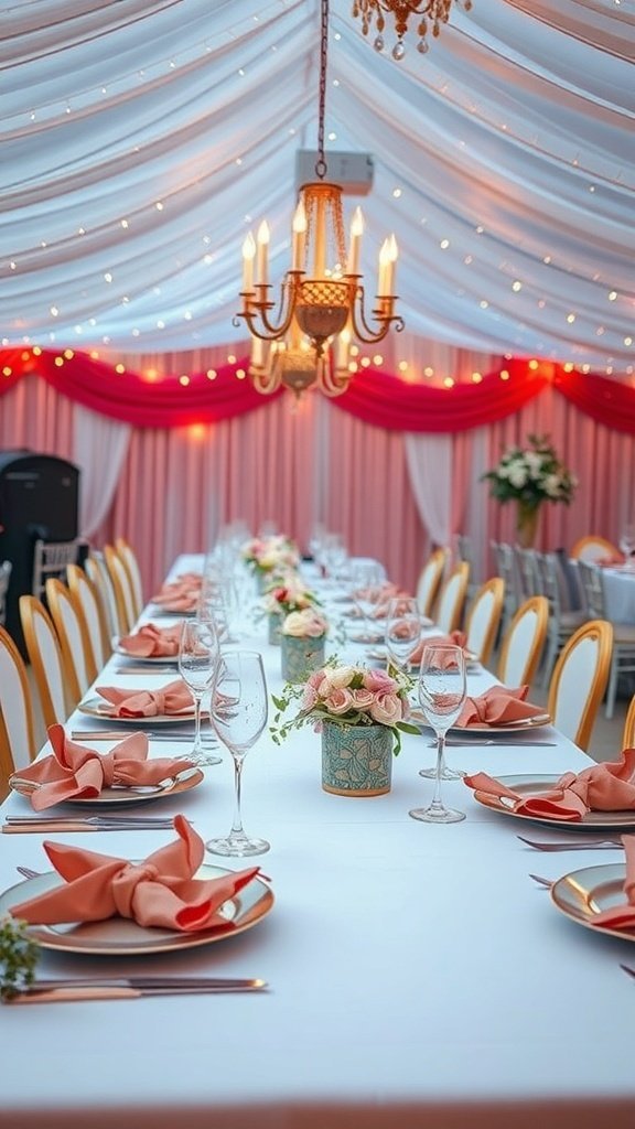 50 Stunning Wedding Decor Ideas to Transform Your Big Day Elegant wedding table setting with pink and white decor, floral centerpieces, and a chandelier.