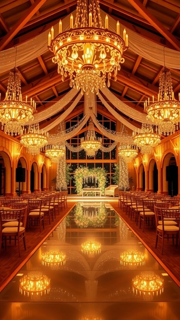 50 Stunning Wedding Decor Ideas to Transform Your Big Day Elegant wedding venue with chandeliers and soft lighting