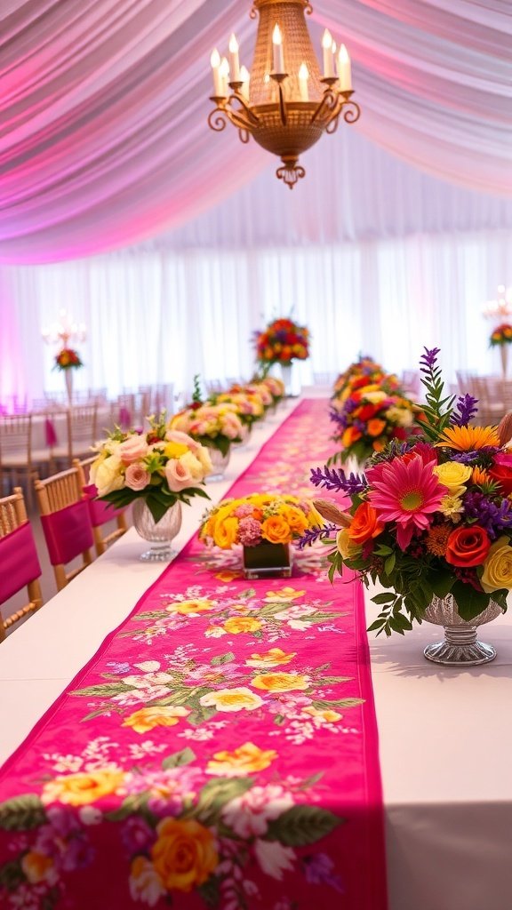 50 Stunning Wedding Decor Ideas to Transform Your Big Day A vibrant pink table runner with floral designs on a wedding table, surrounded by colorful flower arrangements.