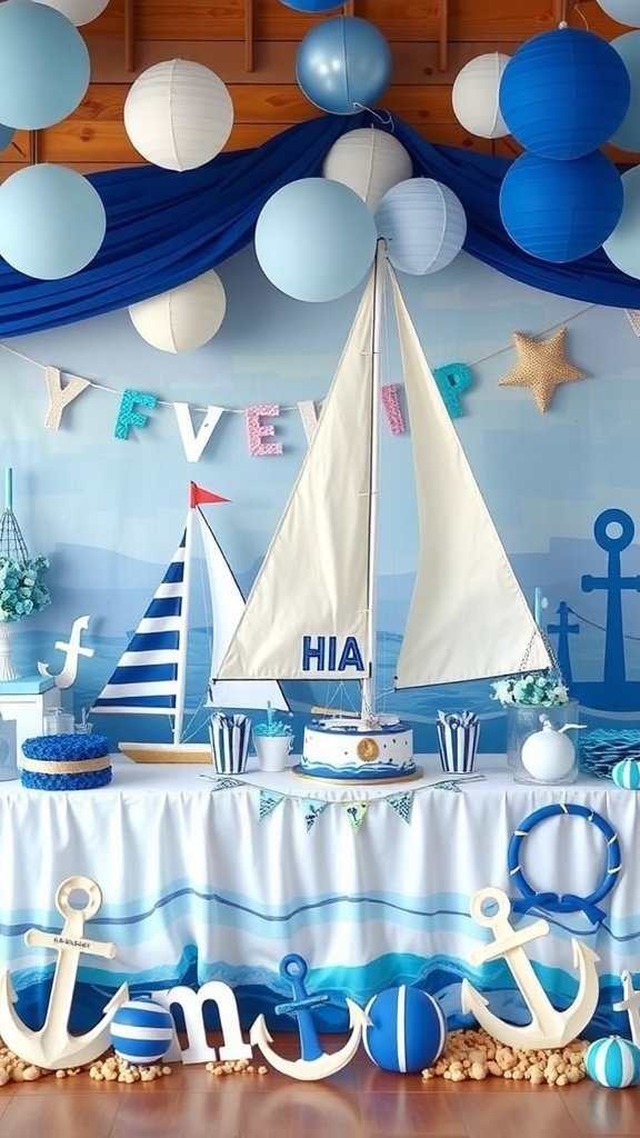 10 Unique Birthday Party Ideas to Celebrate in Style A beautifully decorated sailboat birthday party setup with blue and white colors, featuring a sailboat cake and nautical decorations.
