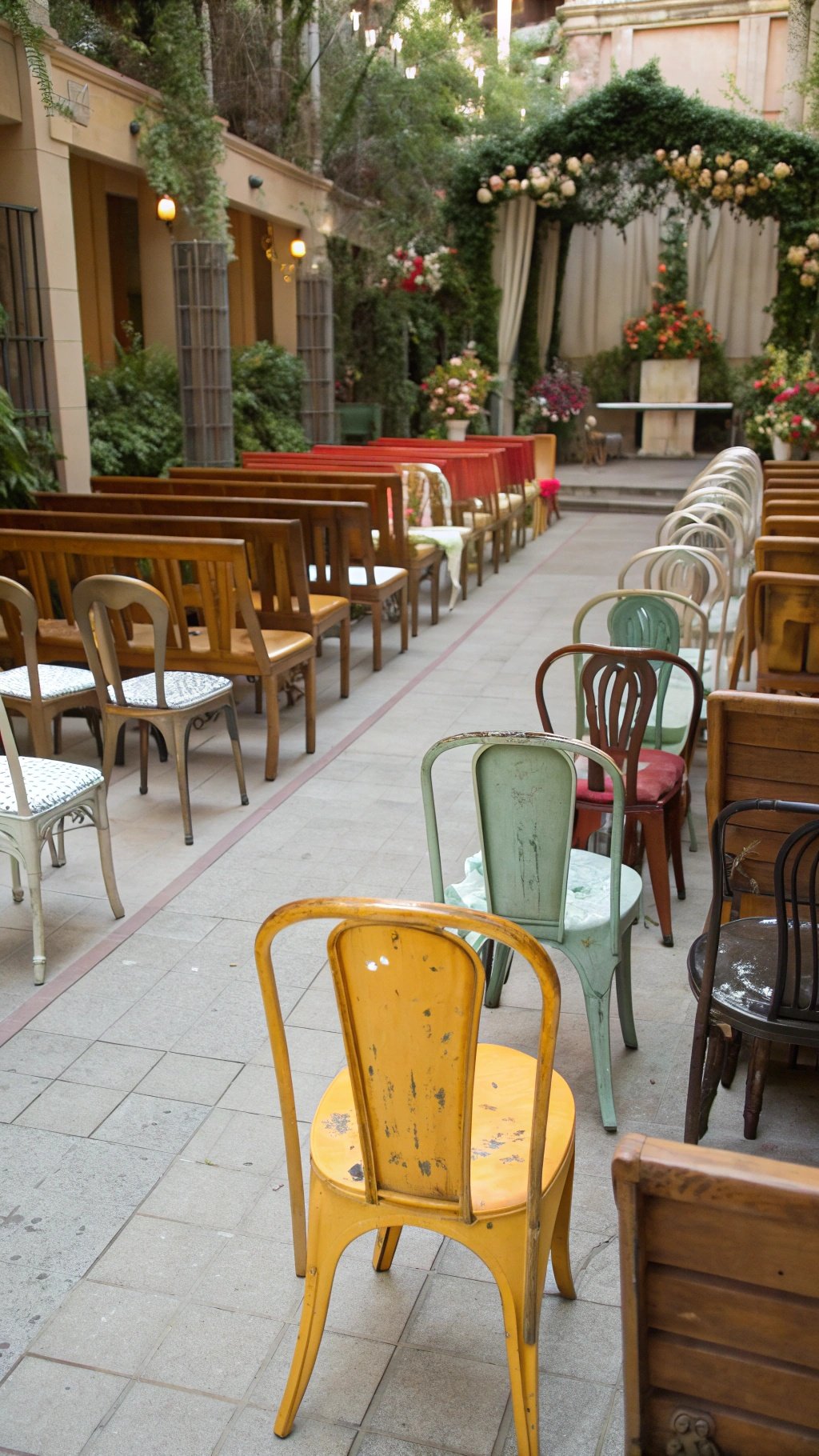 50 Stunning Wedding Decor Ideas to Transform Your Big Day A creative seating arrangement with red and white chairs for a wedding ceremony.