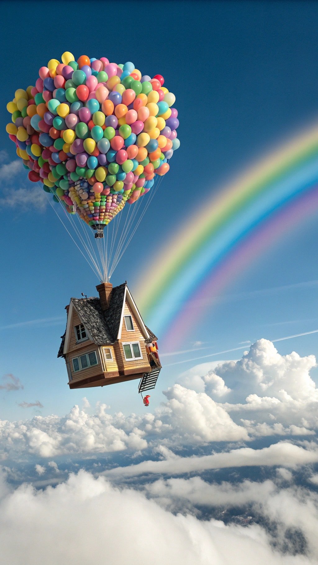 9 Creative Balloon Decoration Ideas for Any Celebration A house floating in the sky, lifted by colorful balloons with a rainbow in the background. Balloon Decoration Ideas