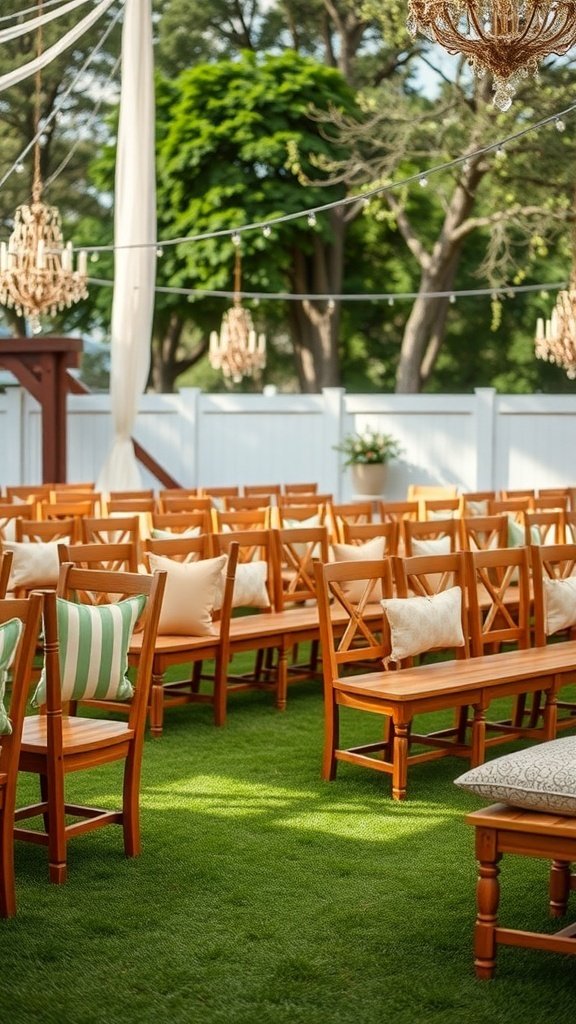 50 Stunning Wedding Decor Ideas to Transform Your Big Day Outdoor wedding seating with wooden chairs and cushions on green grass