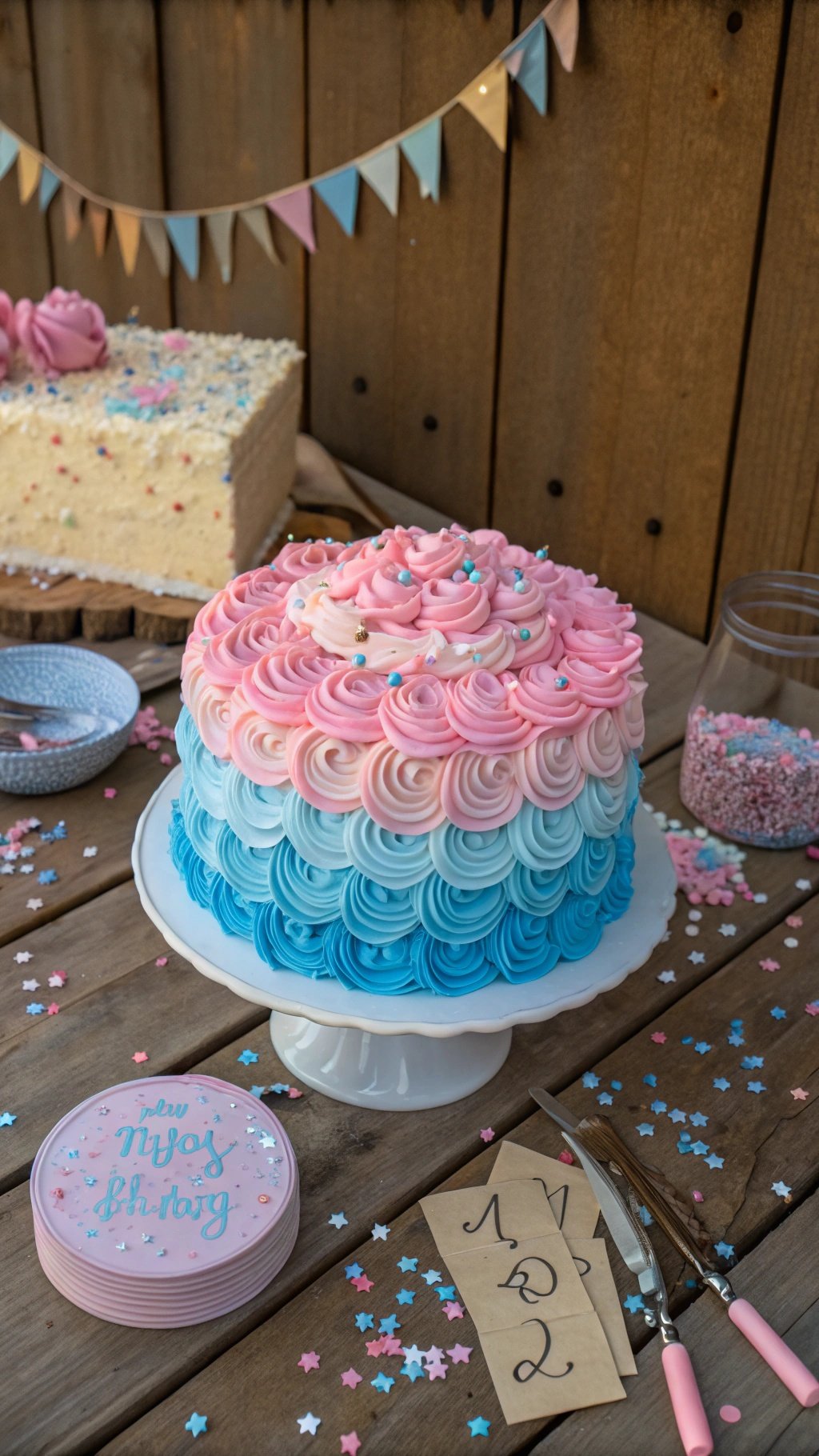 4 Creative Gender Reveal Recipes and Ideas You’ll Love A beautifully decorated gender reveal cake with pink and blue frosting, surrounded by festive decorations.