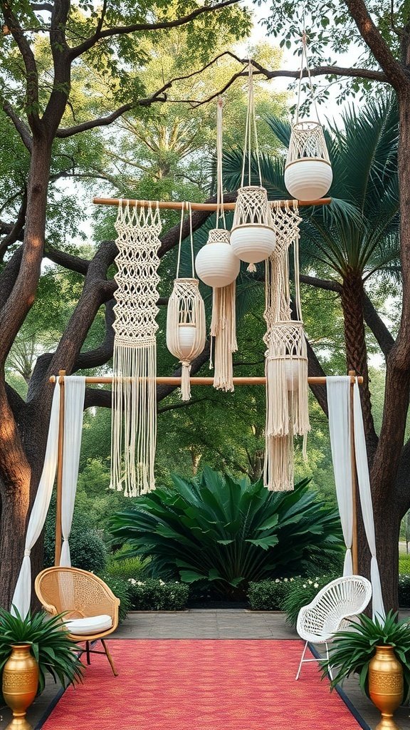 50 Stunning Wedding Decor Ideas to Transform Your Big Day A bohemian wedding setup featuring macramé decorations, hanging planters, and stylish seating.