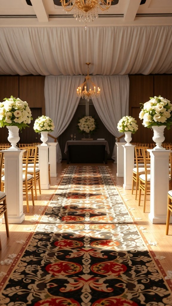 50 Stunning Wedding Decor Ideas to Transform Your Big Day A beautifully decorated wedding aisle with a patterned runner and floral arrangements.