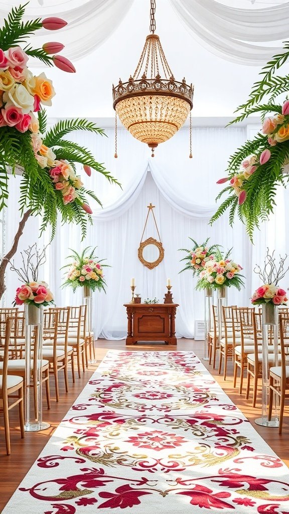 50 Stunning Wedding Decor Ideas to Transform Your Big Day A beautifully decorated wedding ceremony space with floral arrangements, a chandelier, and an elegant aisle runner.