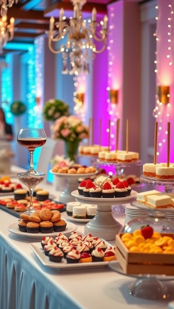50 Stunning Wedding Decor Ideas to Transform Your Big Day A beautifully arranged dessert station with various sweets, including cupcakes and cheesecakes, set in an elegantly decorated venue.