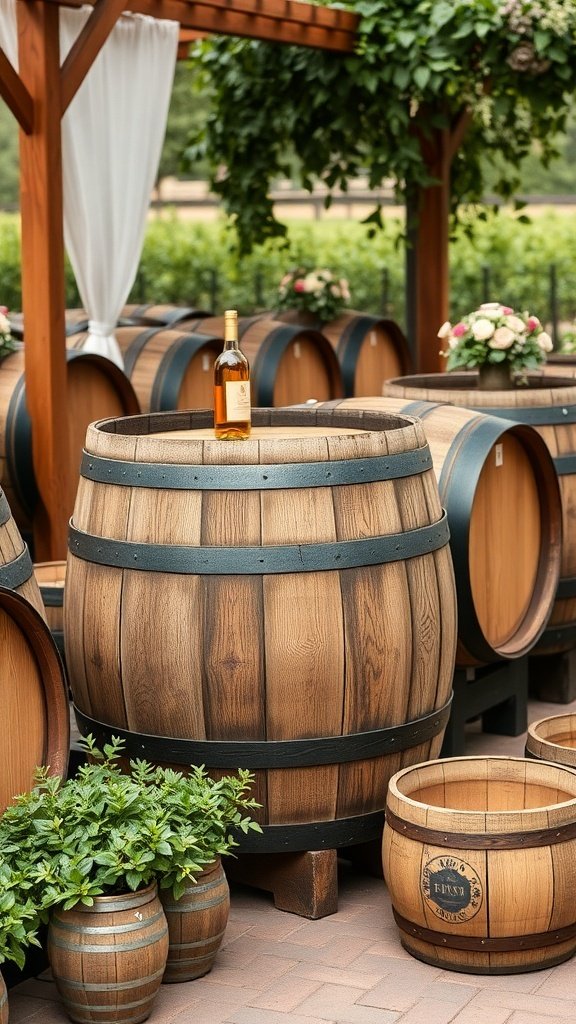 50 Stunning Wedding Decor Ideas to Transform Your Big Day Rustic wine barrel decor with a bottle of wine on top and surrounding greenery.