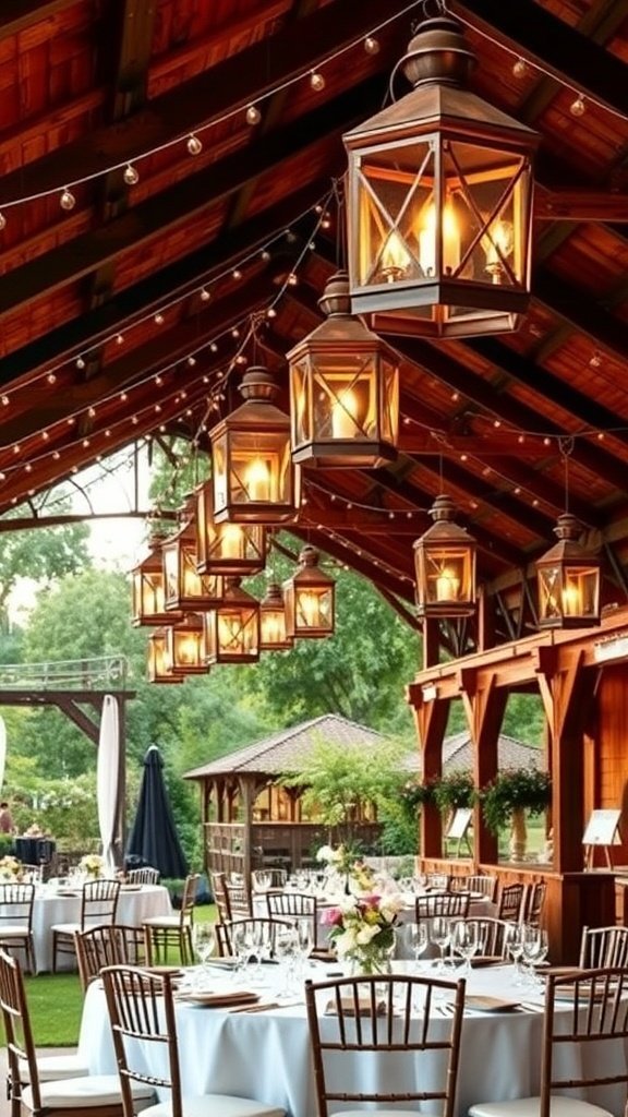 50 Stunning Wedding Decor Ideas to Transform Your Big Day Rustic lanterns hanging in a wedding venue with tables set for a reception