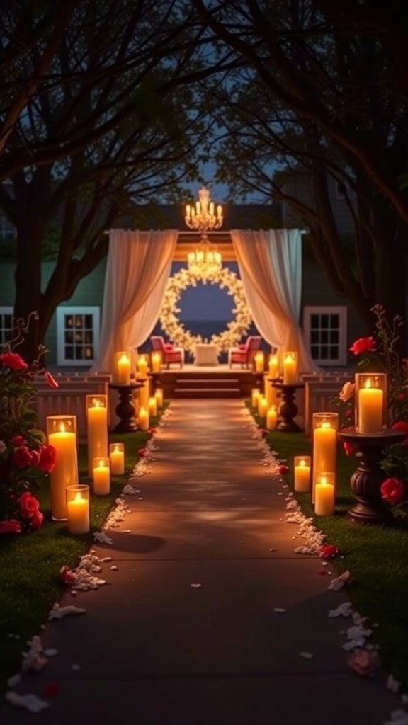 50 Stunning Wedding Decor Ideas to Transform Your Big Day A beautifully lit pathway with candles and floral decorations leading to a wedding setup.