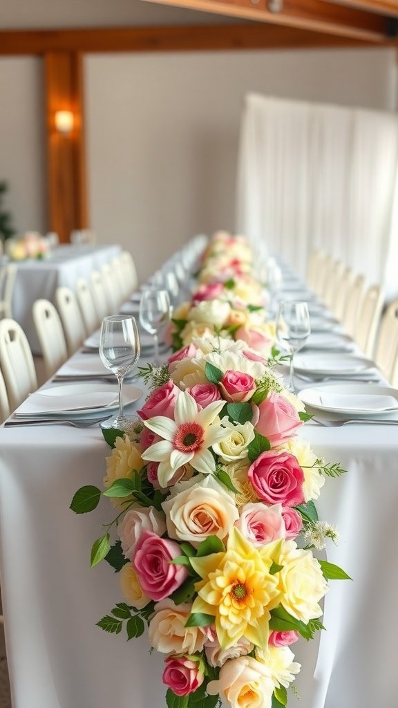 50 Stunning Wedding Decor Ideas to Transform Your Big Day A long table elegantly decorated with a floral table runner featuring pink, yellow, and white flowers.