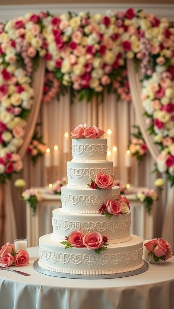 50 Stunning Wedding Decor Ideas to Transform Your Big Day A beautifully decorated wedding cake with pink roses, set against a floral backdrop.