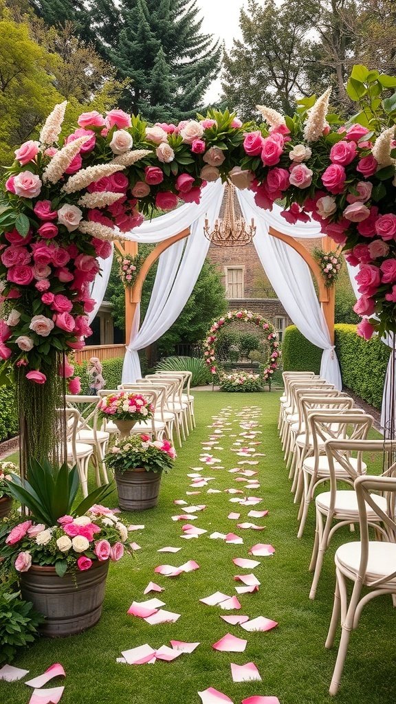 50 Stunning Wedding Decor Ideas to Transform Your Big Day A beautiful garden wedding setup featuring an arch decorated with pink roses, white drapery, and a chandelier, with chairs arranged along a petal-strewn aisle.