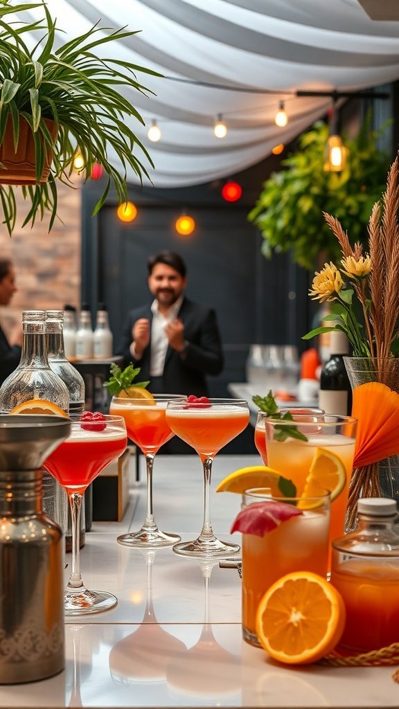 50 Stunning Wedding Decor Ideas to Transform Your Big Day A beautifully arranged cocktail station with colorful drinks, garnished with fruits and herbs, set in a stylish venue.