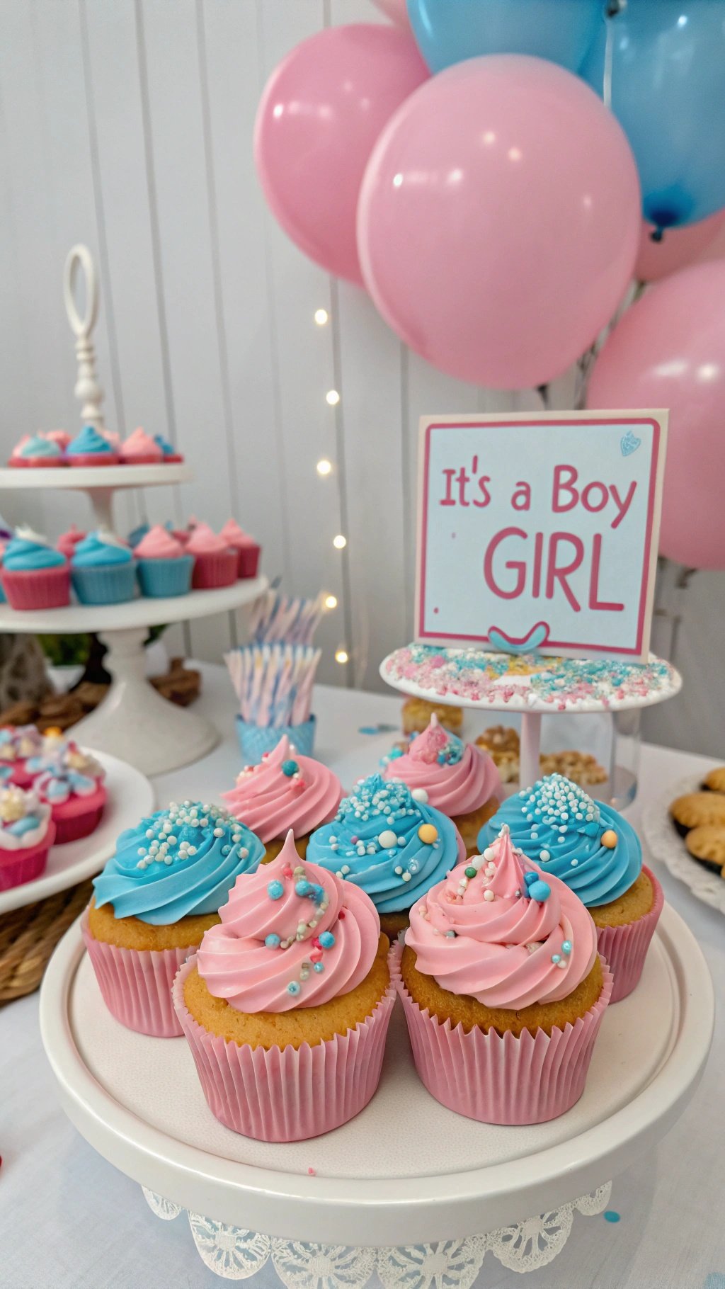 4 Creative Gender Reveal Recipes and Ideas You’ll Love Colorful gender reveal cupcakes with pink and blue frosting and decorations