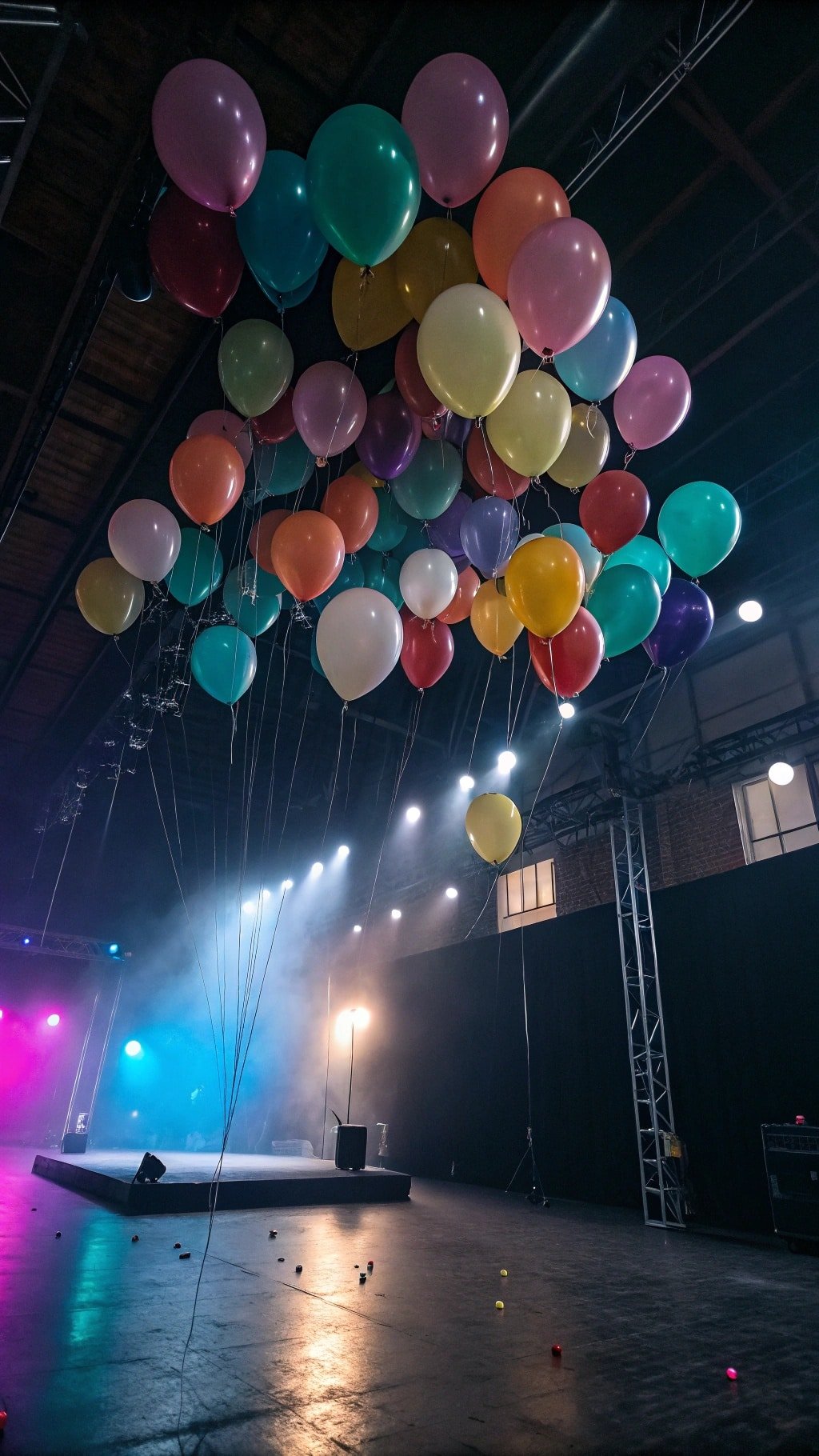 9 Creative Balloon Decoration Ideas for Any Celebration Colorful balloons floating above a stage with lights and a dark background.