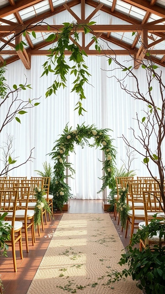 50 Stunning Wedding Decor Ideas to Transform Your Big Day A wedding ceremony setup featuring an arch of greenery, wooden chairs, and a natural rug.